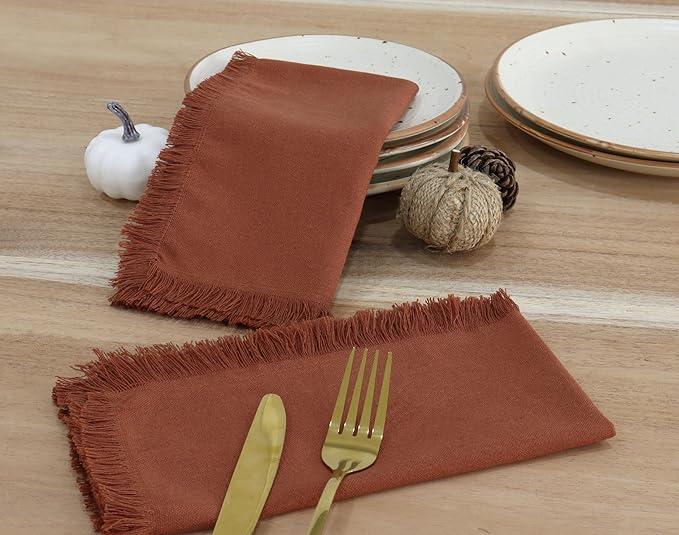 PurpleEssences Rust Cloth Napkins with Fringes, 100% Cotton Christmas Holiday Winter Table Decor, Set of 6 18x18 Inch Reusable Dinner Napkins for Parties and Weddings - Rust