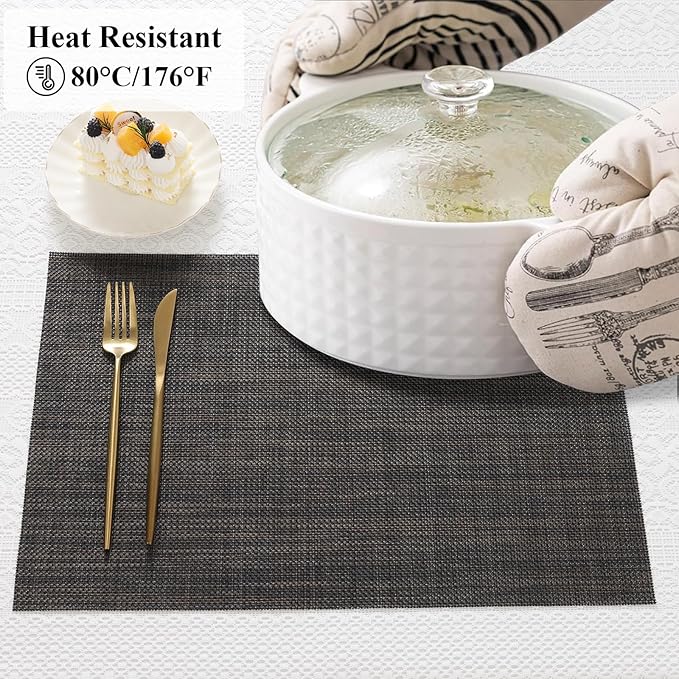 SHACOS Placemats Set of 6 Woven Vinyl Place Mats Wipeable Heat Resistant Plastic Non Slip Table Mats Indoor Outdoor, Black Brown