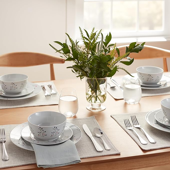 Amazon Basics Dinnerware Set, Microwave and Dishwasher Safe, Service for 6, 18-Piece Complete Kitchen, Plates, Dishes, Bowls, Branches