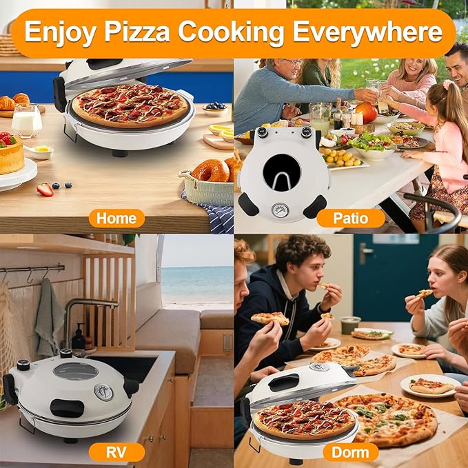 Pizza Oven Indoor, 12 Inch Retro Pizza Maker, Rapid Heating 800˚F, 1200W Glazed Ceramic Stone Electric Pizza Cooker, Two-button Precise Temperature Control, Viewing Window for Precise Cooking