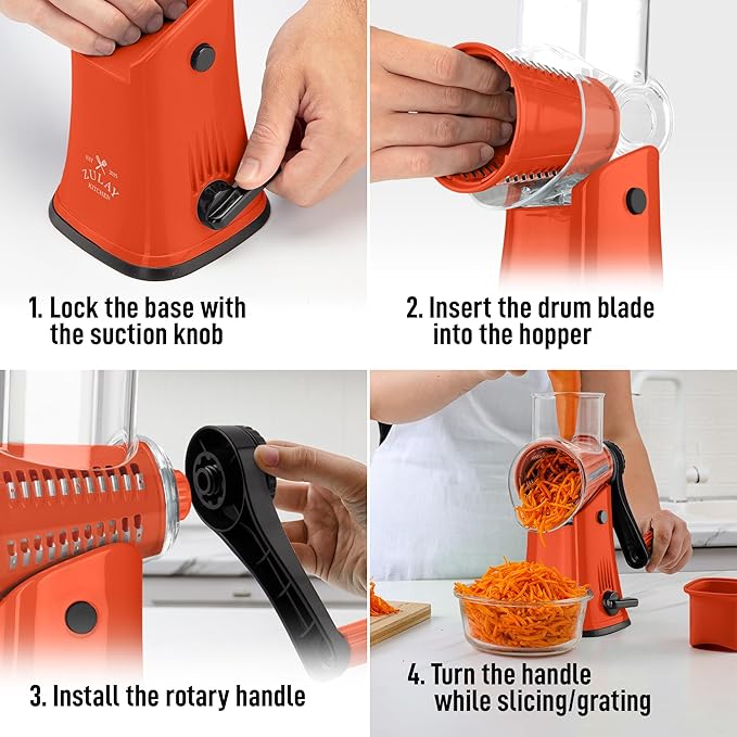 Zulay Kitchen Rotary Cheese Grater 5 Blade Cheese Shredder - Manual Hand Crank Cheese Grater With Reinforced Suction & 5 Interchangeable Drums - Easy to Use, Vegetable Chopper Round Mandoline Slicer