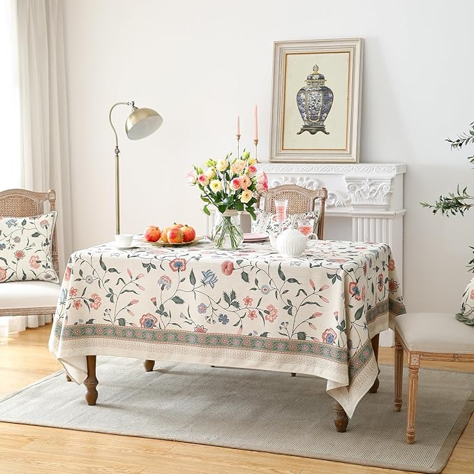 French Tablecloth for Square Tables,Linen Table Cloth with Pink Flowers and Leavs Pattern,Heavy Durable Table Cover for Dining Thanksgiving Kitchen Decor Party Christmas,55"*55"