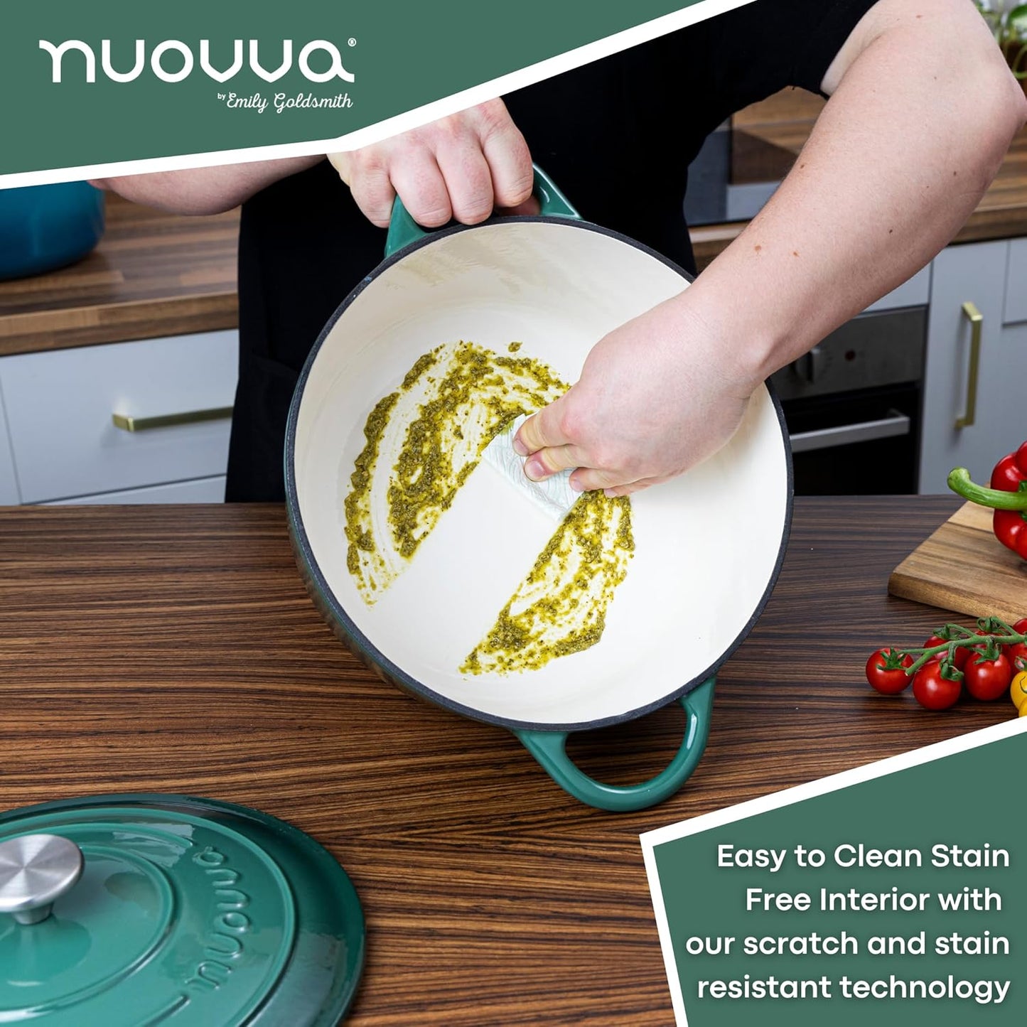 Cast Iron Dutch Oven with Lid – Non-Stick Ovenproof Enamelled Casserole Pot – Sturdy Dutch Oven Cookware – Dark Green, 7.3-Quart, 30cm – by Nuovva