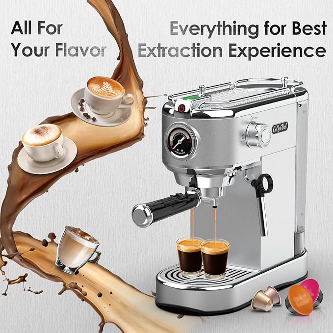 20-Bar Espresso Machine & Coffee Machine – Compatible with Nespresso, Keurig K Cup – Hot & Cold Brew, Milk Frother, Stainless Steel – 10 oz Espresso Cup - Latte Machine & Cappuccino Machine
