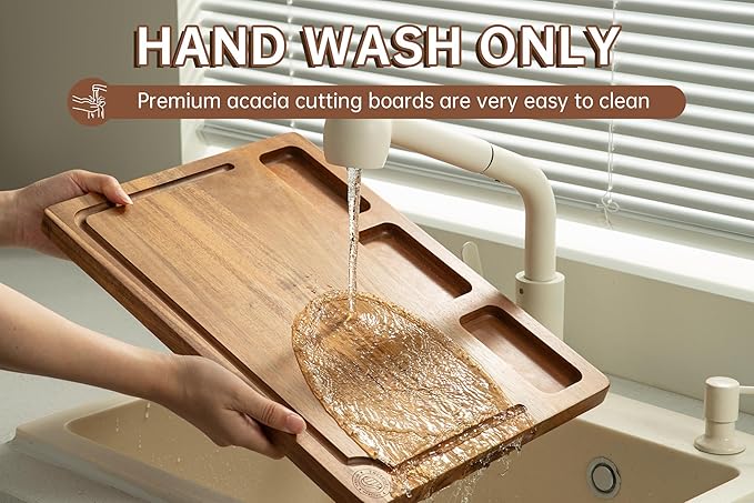 Acacia Wood Cutting Board Set,Thick Wooden Cutting Board for Kitchen with Holder,Chopping Board with Deep Grooves&Built-in Handles, Wooden Charcuterie Board Trays for Meat,Fruit,Cheese