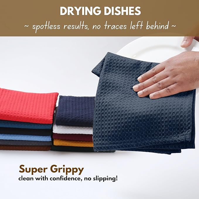 Native Fab 6 Pack Waffle Dish Cloths - 100% Cotton, Absorbent, Quick Drying & Soft Towels for Cleaning, Cooking & Baking - Ideal for Home, Restaurants & Cafes - 12x12 Inches - Navy Blue