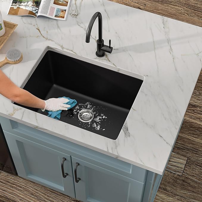 24 Undermount Laundry Sink - Fulorni 24"x18" Laundry Room Utility Sink Undermount Matte Black Granite Composite Quartz Classic 12 Inch Deep Single Bowl Under Counter Basin