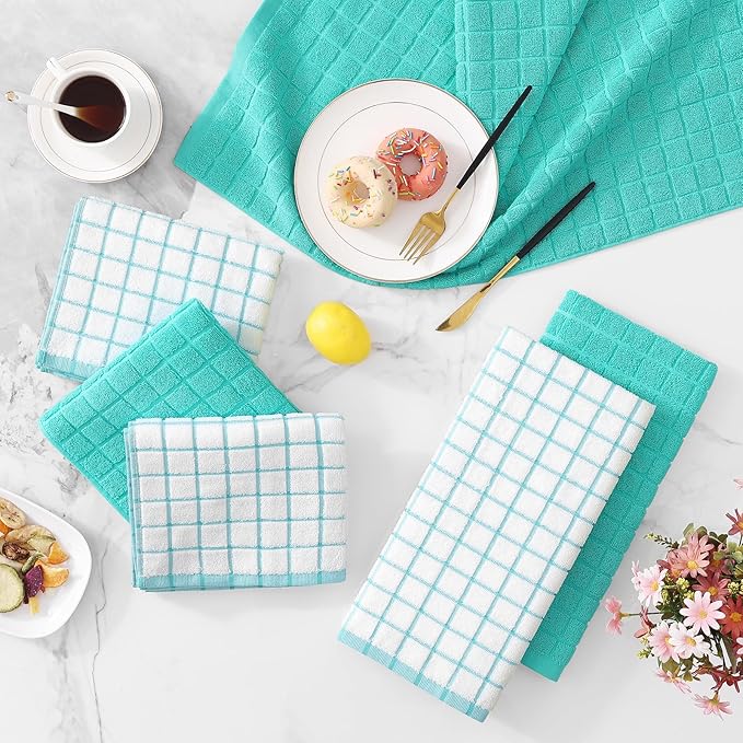 Homaxy Premium Cotton Kitchen Towels 16"x 28", Large Natural Ring Spun 390 GSM Dish Towels, Super Absorbent Terry Kitchen Hand Towels, Soft Tea Towel with Hanging Loop, Aqua Check Design, 8 Pack