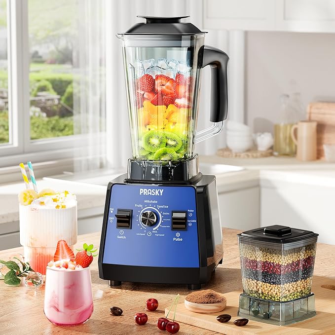 Professional Blender,Smoothies Blenders, PRASKY Max.2400Watts/1000Watts Blender and Grinder Combo 25000RPM Powerful Kitchen 68oz BPA Free 2 Containers Countertop Blenders Ice Crushing (Blue)