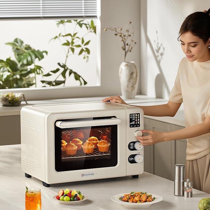 Hauswirt Toaster Oven Air Fryer, XL Large Convection Oven Countertop Rotisserie Chicken 42Qt 3-Tier for 5-8 People, 8 Mode Smart Toaster Stainless Steel 80°F - 500°F Quick & Even Crisp - Ivory