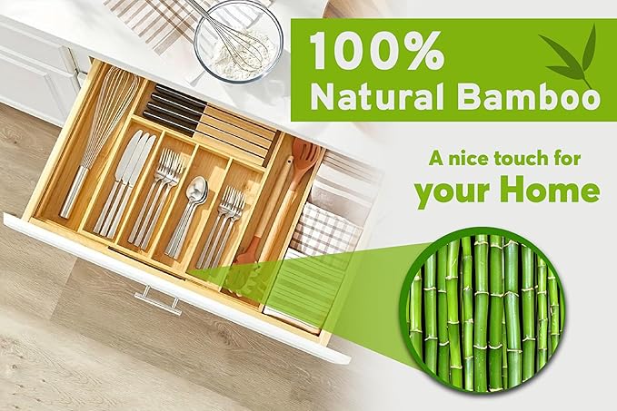 Nature Gear Bamboo Kitchen Drawer Organizer, Expandable Wood Utensil Tray, Adjustable Silverware Organizer with 9 Compartments for Fork, Spoon & Knife Utensils