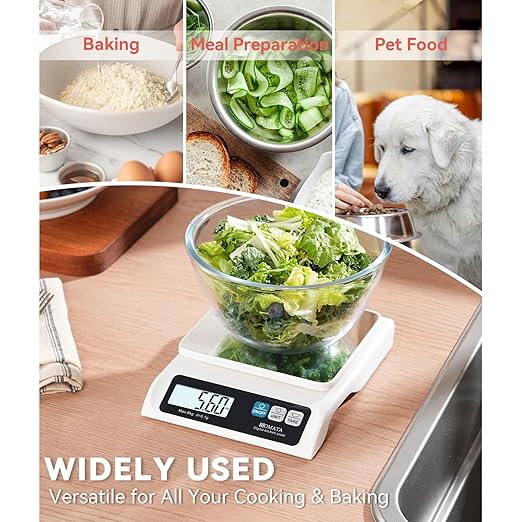 BOMATA 0.1g/ 13lb Food Scale, USB Rechargeable, Digital Kitchen Scale with Removable Stainless Steel Pan, Backlit LCD Display, for Cooking, Baking B621 White