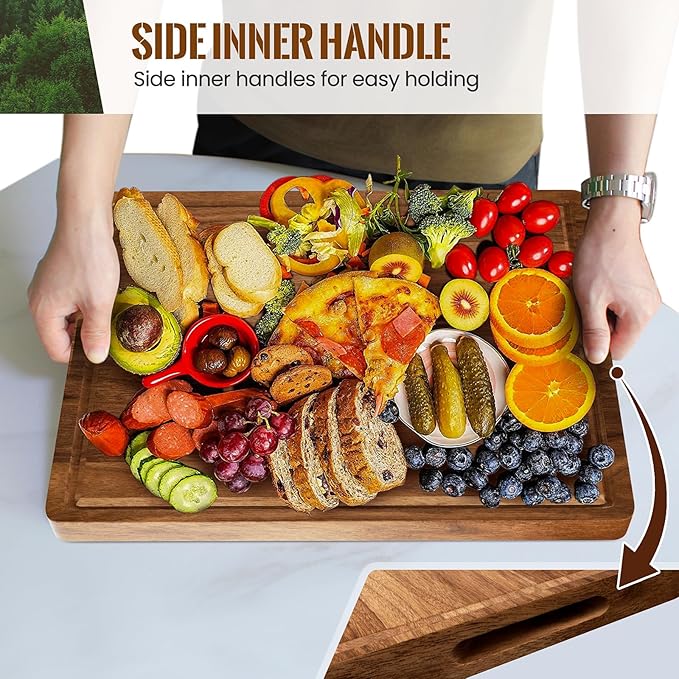 X-Large Acacia Wood Cutting Board for Kitchen, 20x15x1.2 Inch Reversible Wooden Chopping Board Thick Charcuterie Board with Juice Grooves and Handle for Meat, Cheese, Vegetables, Fruits, Bread