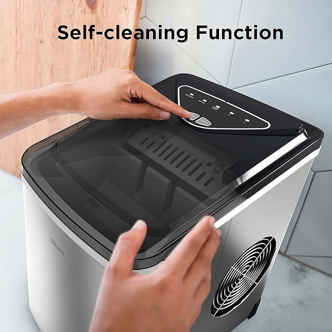 Silonn Ice Makers Countertop, 9 Cubes Ready in 6 Mins, 26lbs in 24Hrs, Self-Cleaning Ice Machine with Ice Scoop and Basket, 2 Sizes of Bullet Ice, Stainless Steel