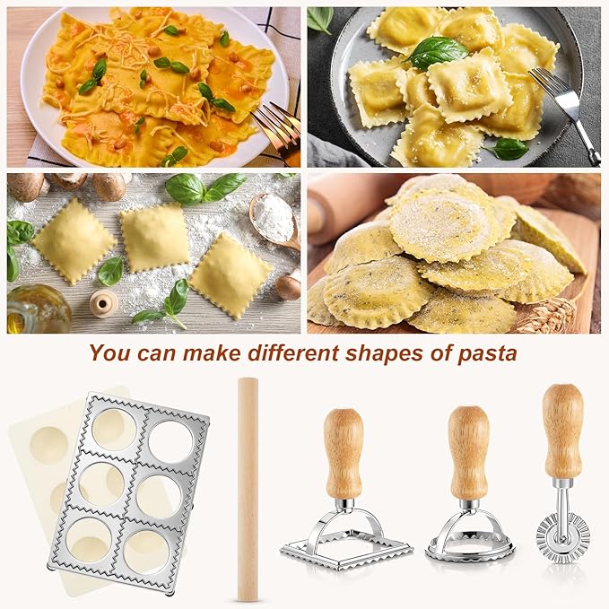 Geetery 5 Pcs Ravioli Mold Set 2.7 Inch Squares Ravioli Maker Cutter Include 1 Raviolis Maker Press 3 Pasta Cutter Stamp Makers 1 Wood Rolling Pin Pasta Making Tool for Home Kitchen Supplies (6 Holes)