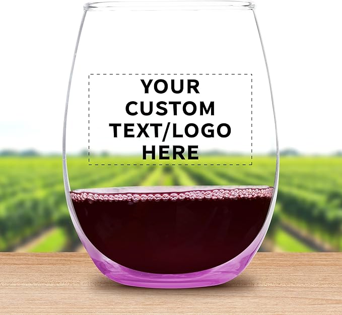 Custom Stemless Wine Glass 9 oz. Set of 100, Personalized Bulk Pack - Great for Wedding Favors, Bachelorette Party Decorations, Party Favors, Color Bottom - Pink