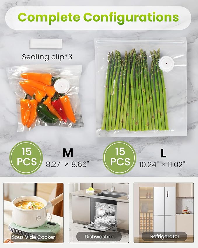 FEPPO Vacuum Sealer for Food with Visible Water Tank, Handheld Saver Compact Vacuum Sealer Machine with 30 Reusable Bags for 6X Preservation & Fresh, Light Green