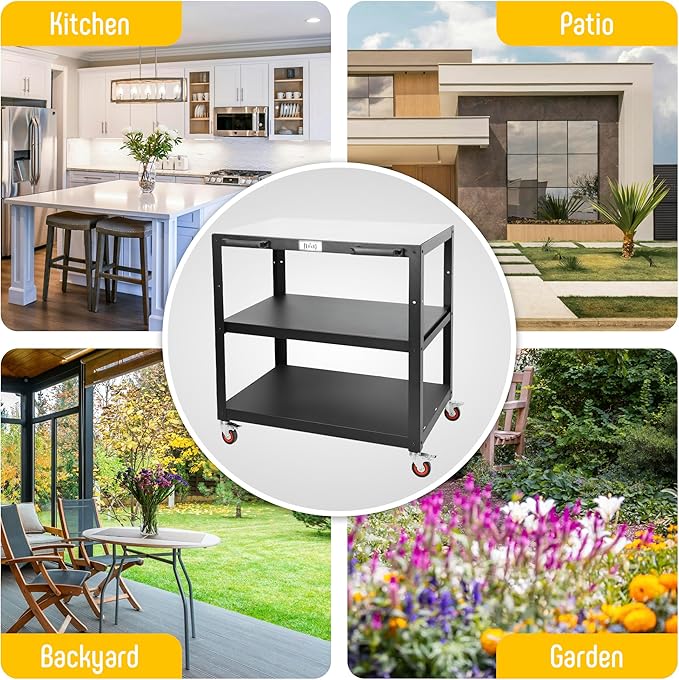 36''x 24'' Large Movable Pizza Oven Table for Outdoor, 304 Stainless Steel Grill Cart with Wheels, 3-Shelf Outdoor Kitchen Prep Table Pizza Oven Stand on Wheels for Pizza Oven& Griddle