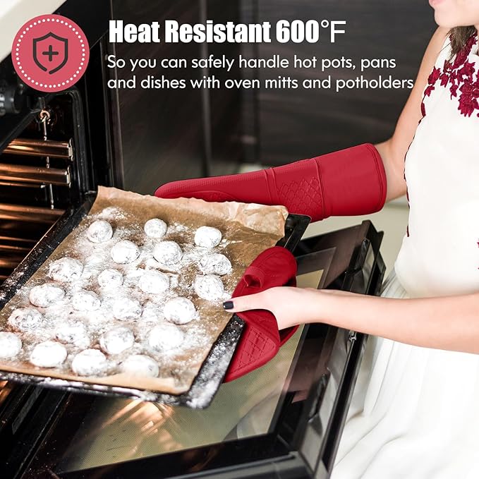 Oven Mitt and Pot Holders Sets, Quilted Cotton Terry Cloth,Non-Slip Pot Holder, Silicone Oven Mitt Heat Resistant, Oven Mittens 7.3"x14.2", Hot Pad 7"x10" & Dish Cloths 13"x25"