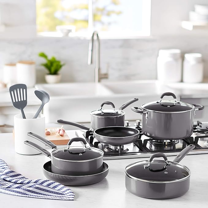 Amazon Basics Ceramic Non-Stick 12-Piece Cookware Set, Gray - Pots, Pans and Utensils