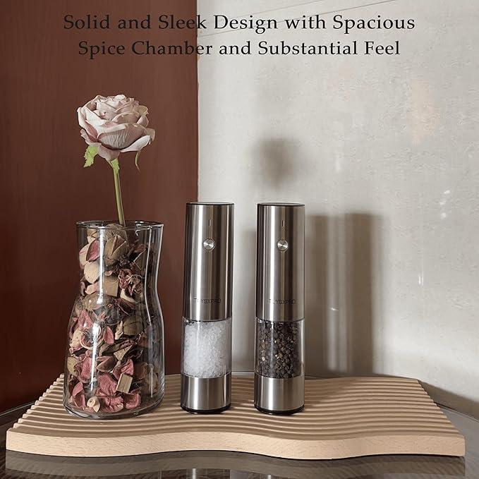 Electric Salt and Pepper Grinder Set, USB Rechargeable, Stainless Steel Automatic Salt and Pepper Mill Grinder with Adjustable Coarseness, Electric Salt Shakers, LED Light, Refillable (2 Packs)