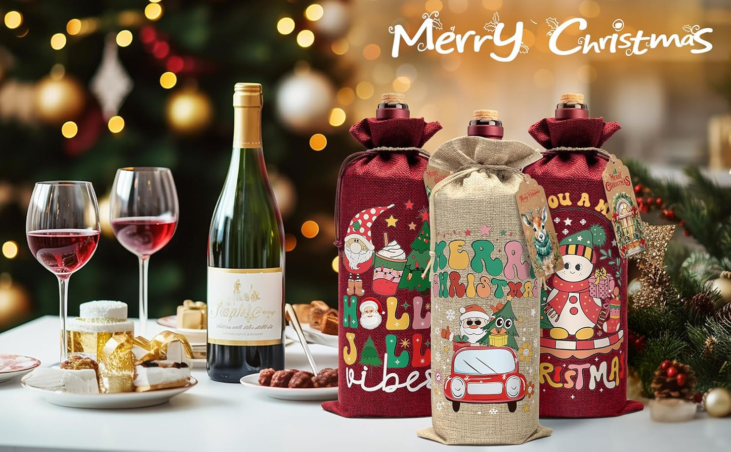 Aoonby 12PCS Burlap Wine Bags Christmas Wines Gift Bag, Drawstring Retro Christmas Bottle Cover Gift Bag w/Tag, Reusable Wines Bags for Bottles Gifts Wine Bottle Covers for Xmas Holiday Party Decor