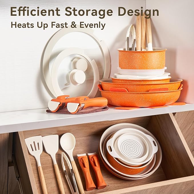 Ceramic Cookware Sets, Pots and Pans Set Nonstick, 22Pcs Induction Cookware, Non-toxic Healthy Non Stick Kitchen Cooking Set with Detachable Handles, PFAS PTFE PFOA PFOS Free (Orange)