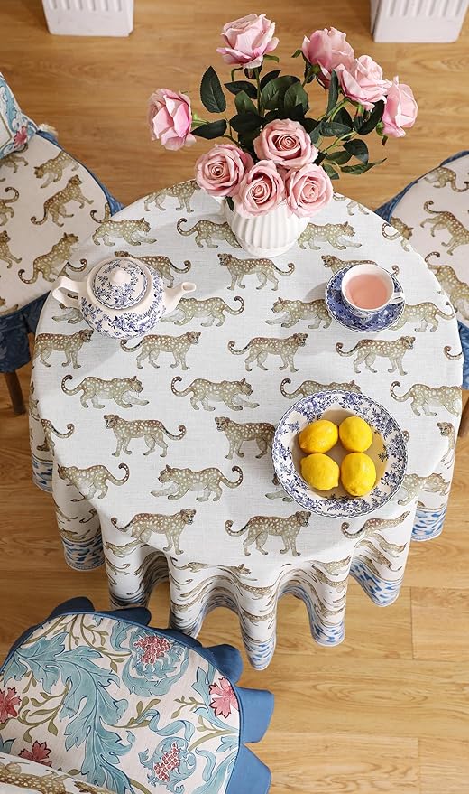 patdrea Leopard Animal Linen Table Cloth Soft Breathable Tabletop Cover Dacorative Kitchen Dining Tablecloth for Round Tables for Kitchen Dining Parties,Holiday Christmas,Diameter 55"