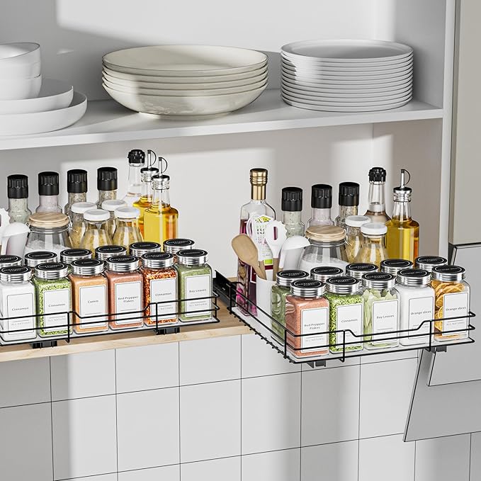 Pull Out Spice Rack, Slide Out Spice Rack for Cabinet, Spice Organizer for Kitchen and Pantry, Fits Spices, Sauces, Canned Food (10.5''Wx10.5''Dx2.5''H)