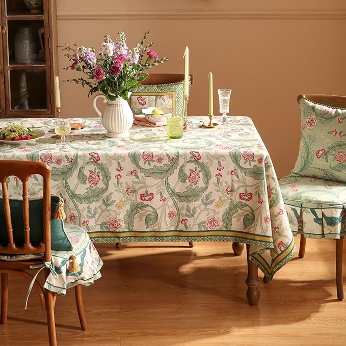 patdrea Designer Green Tablecloth for Rectangle Tables,Vintage Linen with Leaves and Flowers Pattern Tablecloths,Farmhouse Floral Table Cover Cloth Decor for Kitchen Dining Christmas,55"*71"