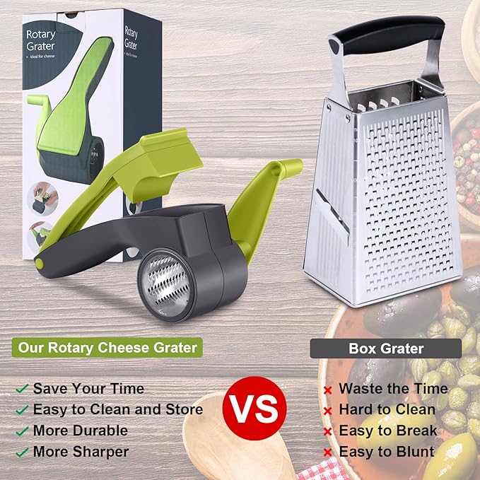 Boao Rotary Cheese Grater Manual Handheld Cheese Grater with Stainless Steel Drum for Grating Hard Chocolate Nuts Kitchen Tool Christmas favors(Gray Green)