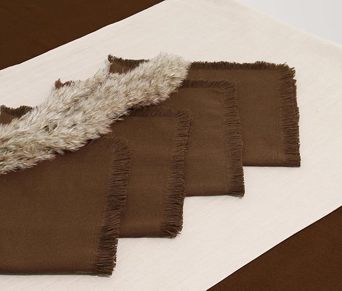 PurpleEssences Cloth Napkins with Fringes, 100% Cotton Christmas Holiday Winter Table Decor, Set of 6 18x18 Inch Reusable Dinner Napkins for Parties and Weddings - Brown