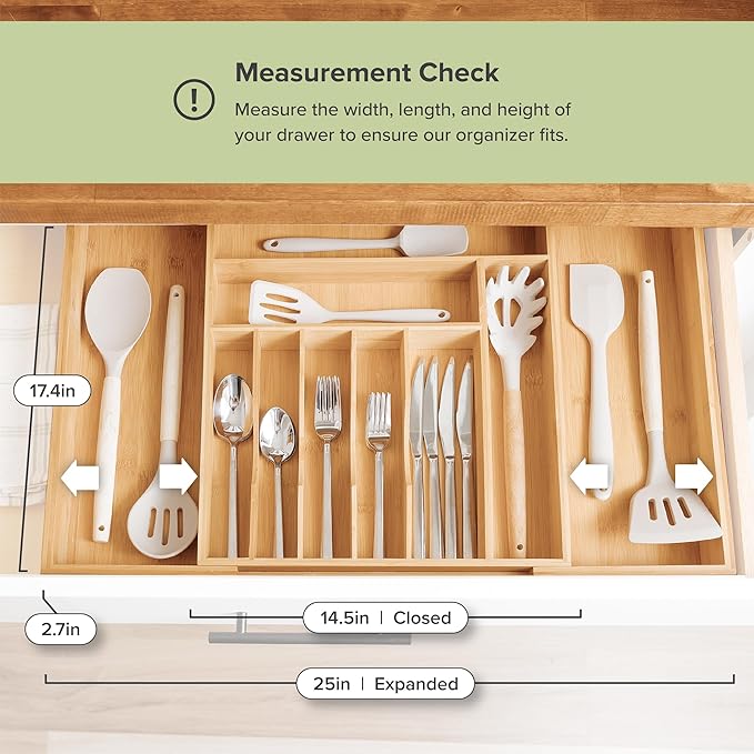 KitchenEdge Premium Silverware, Flatware and Utensil Organizer for Kitchen Drawers, Food-Safe Contract Grade, Expandable from 14 to 25 In, Natural Bamboo