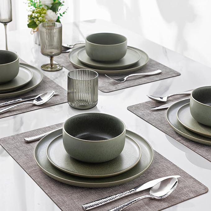 LERATIO Stoneware Dinnerware Sets for 6,Handcarft Ceramic Plates and Bowls Sets,Chip and Scratch Resistant Dishes, Dishwasher & Microwave Safe, Oven safe,Reactive Glaze-Green