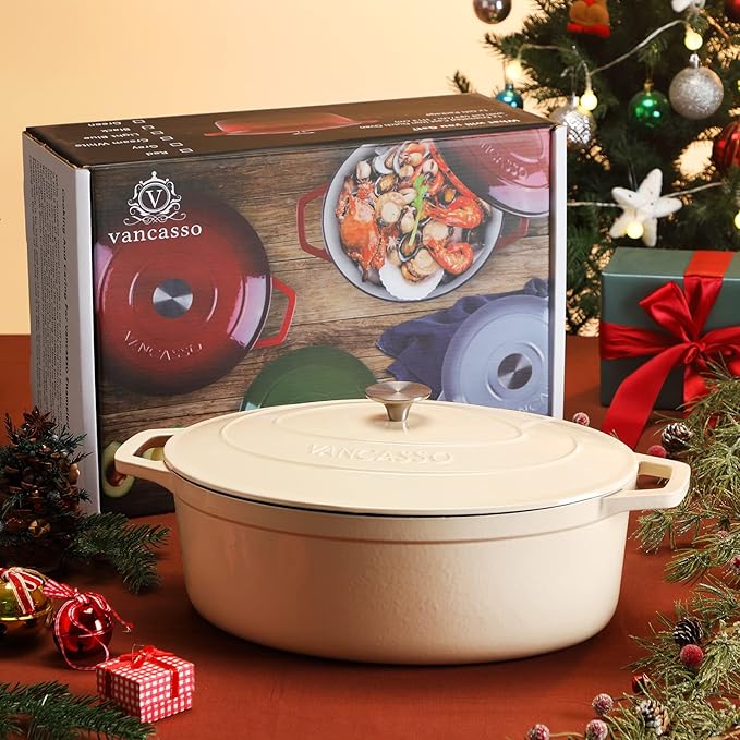 vancasso Enameled Cast Iron Dutch Oven, 9.3 Quart Dutch Oven Pot with Lid, Oval Cast Iron Pot with Non Stick Enamel Coating for Bread Baking, White