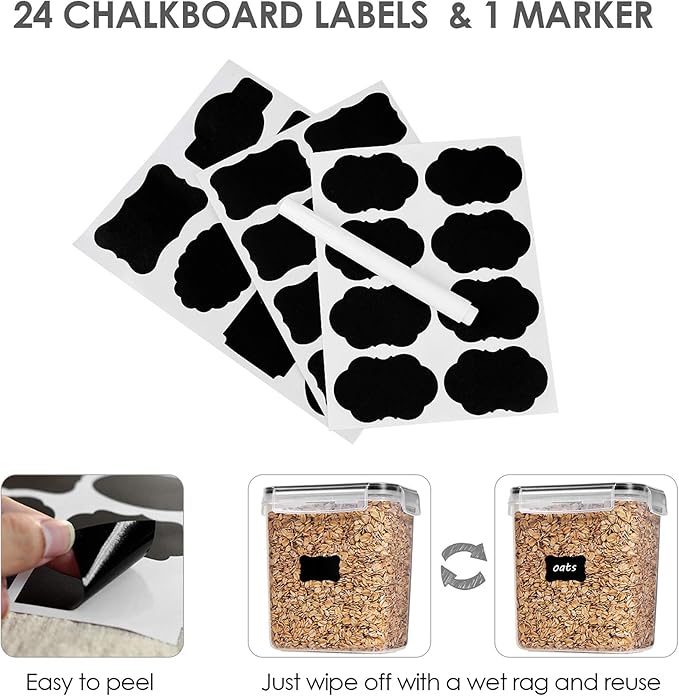 Vtopmart Airtight Food Storage Containers Set with Lids, 15pcs BPA Free Plastic Dry Food Canisters for Kitchen Pantry Organization and Storage, Dishwasher safe,Include 24 Labels, Black