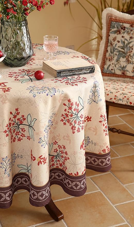 patdrea Designer Floral Linen Table Cloth Durable Breathable Tabletop Cover Dacorative Kitchen Dining Tablecloth for Round Tables for Kitchen Dining Parties,Holiday Christmas,Diameter 55"