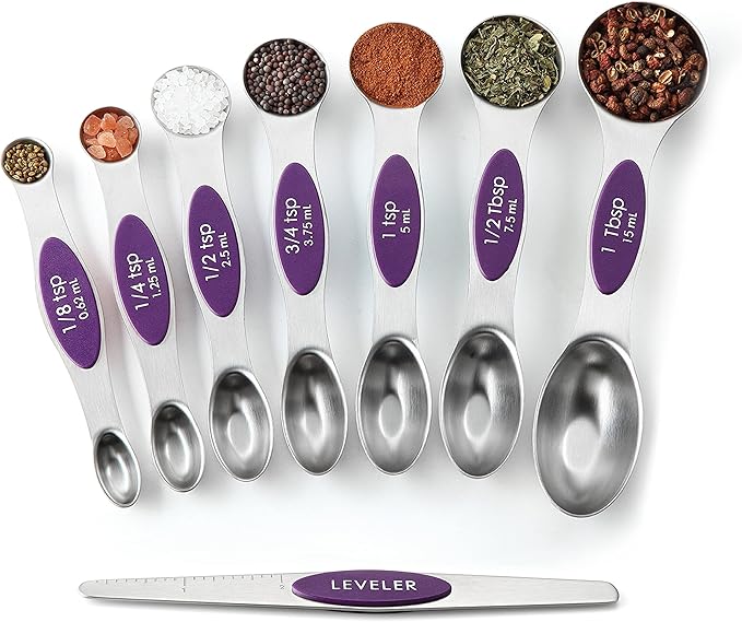 Spring Chef Purple Stainless Steel Magnetic Measuring Spoons Set of 8 with Leveler, Dual Sided Metal Teaspoon & Tablespoon Measuring Spoons, Kitchen Gadgets for Baking & Cooking, Fits in Spice Jars