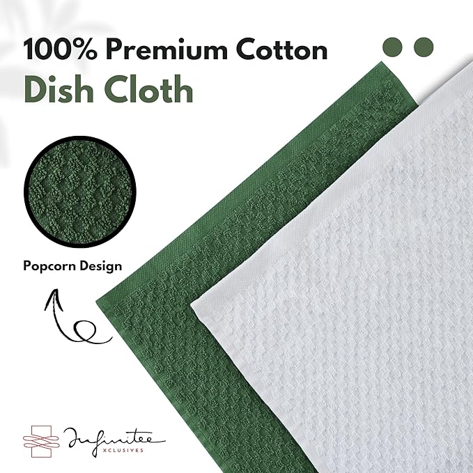 Infinitee Xclusives Premium Dish Cloth 100% Cotton 12 x 12 Inches |Pack of 4|-Ultra Soft Tea Towels-Highly Absorbent Kitchen Rags-Terry Dishcloth for Kitchen and Household Cleaning |Sturdy Green|