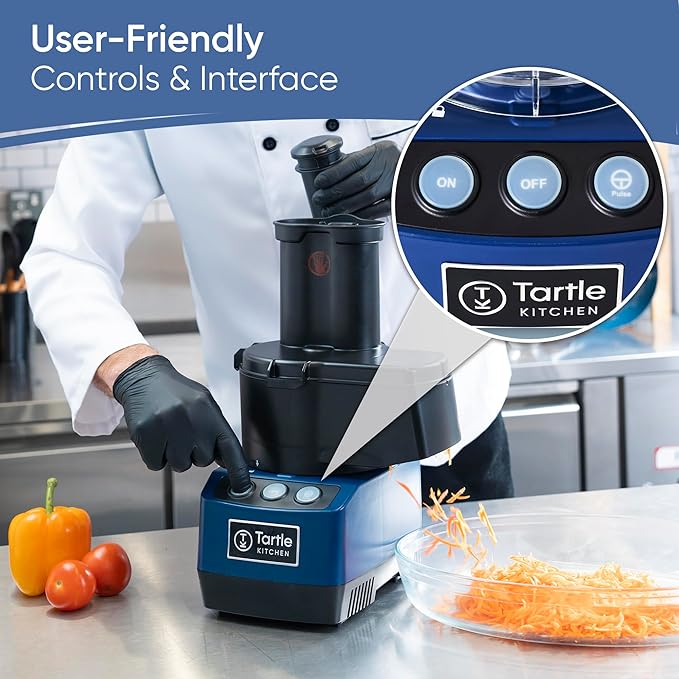 TK Tartle Commercial Food Processor - Heavy-Duty 600W Chopper, Slicer, Shredder & Blender w/Vegetable Prep Lid, Continuous Feed, 3L Mixer Bowl & Stainless Steel Blades