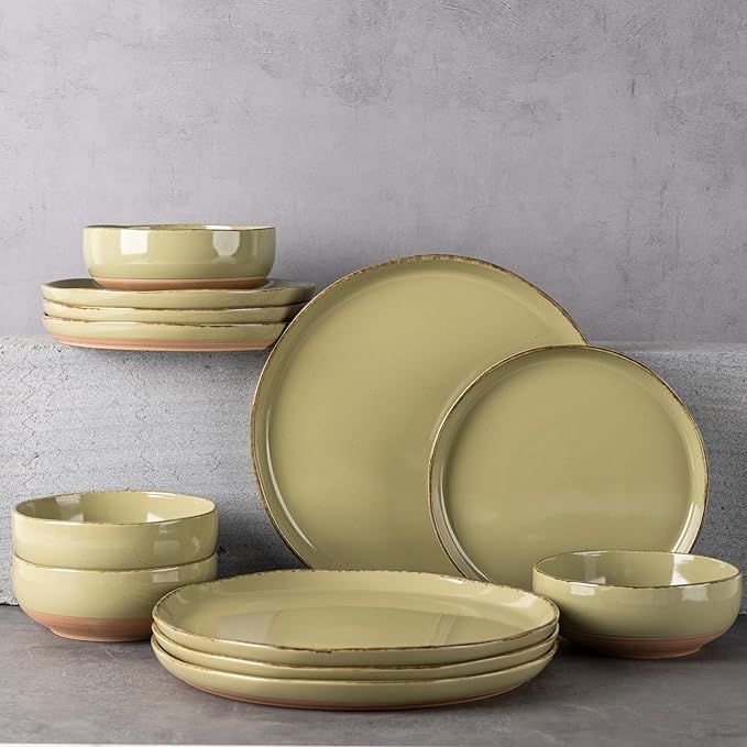 AmorArc Ceramic Dinnerware Sets for 4, 12 Pieces Handpainted Plates and Bowls Set with Rustic Terracotta Underside, Scratch Resistant Stoneware Dishes Set, Dishwasher & Microwave Safe, Olive Green
