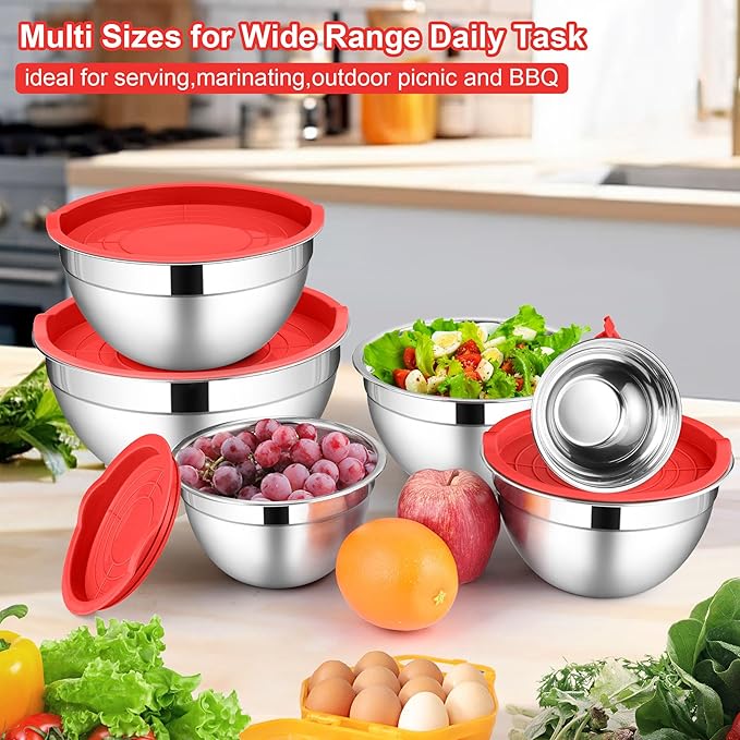 LIANYU 6 Pack Stainless Steel Mixing Bowls with Lids Sets, Large Size 7, 3.5, 2.5, 2, 1.5, 1QT, Metal Nesting Salad Bowl, Ideal for Kitchen Prepping, Cooking, Freezer Storage, Dishwasher Safe, Red