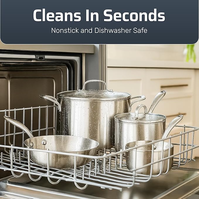 Gotham Steel 10 Pcs Stainless Steel Cookware Set, Pots and Pans Set Non Stick with Induction Cookware, Made Without PTFE PFOA PFOS, Metal Utensil Safe, Oven and Dishwasher Safe