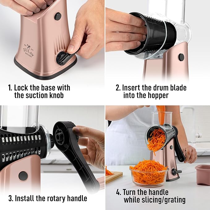 Zulay Kitchen Rotary Cheese Grater 5 Blade Cheese Shredder - Manual Hand Crank Cheese Grater With Reinforced Suction & 5 Interchangeable Drums - Easy to Use, Vegetable Chopper Round Mandoline Slicer
