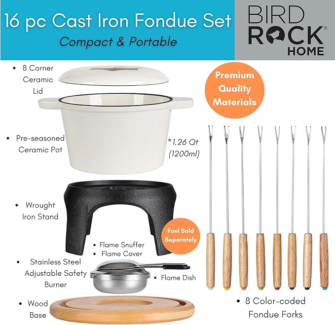 BIRDROCK HOME Cast Iron Fondue Pot Set | 8 Fondue Forks, Chrome Safety Burner | Chocolate, Cheese, Melting, Dip Warmer, Mini Fountain, Covered Strawberries | Wedding Gifts, Hosting Essentials | Cream