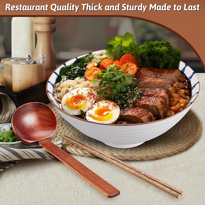 8-Inch Large Ceramic Ramen Bowl Set of 2 (9 Piece) - Microwave & Dishwasher Safe Porcelain Japanese Salad Noodles Cereal Fruit Pasta Soup Bowls with Recipes Chopsticks Forks Spoons for Men Women Gift
