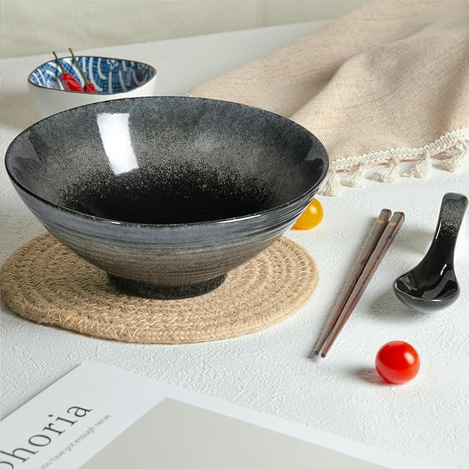40 oz Ceramic Ramen Bowl Set of 2, Ramen Noodle Bowl with Spoons and Chopsticks 8 Inch Japanese Retro Style Large Soup, Pho, Udon Bowls, Microwave & Dishwasher Safe, Black