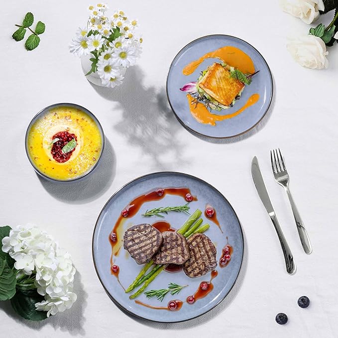 Herogo 24-Piece Stoneware Dinnerware Set for 8, Stackable Dinner Plates and Bowls Sets, Double Reactive Glaze Dishware Place Setting for Kitchen, Scratch Resistant, Microwave Safe, Haze Blue