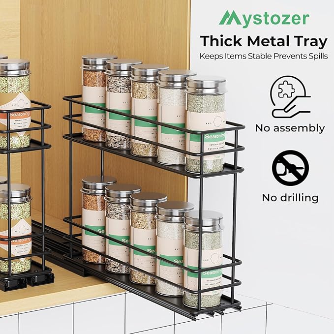Pull Out Spice Rack Organizer for Cabinet, Slide Out Spice Racks, Easy to Install Spice Cabinet Organizers, 2.1''Wx10.35''Dx8.26''H, 2 Drawer 2 Tiers(Black)