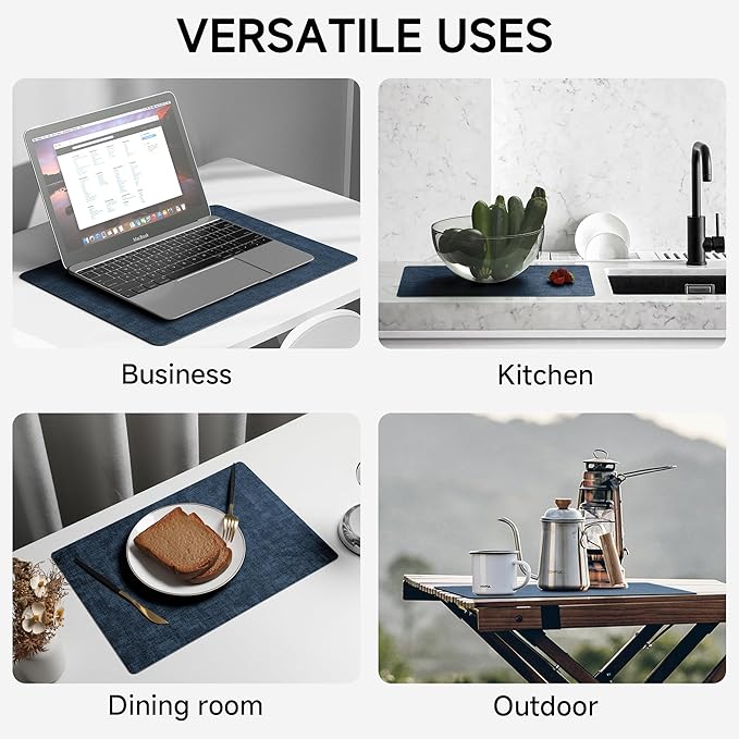 Faux Leather Vinyl Placemats Set of 4 Wipeable Heat Resistant Place Mats 100% Washable - Waterproof - Anti Slip Reversible Table Mats for Kitchen/Dining/Party, 12" x 16.5", Navy Blue & Dark Grey